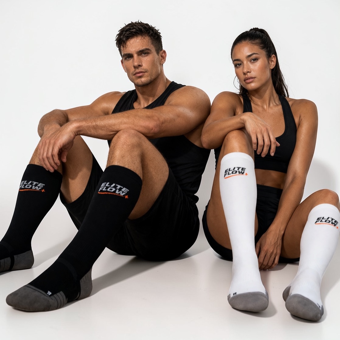 Two athletes sitting together wearing EliteFlow+ compression socks